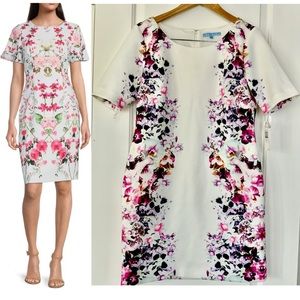 Antonio Melani White Floral Print Crepe Crew Neck Short Sleeve Mini Pencil Dress